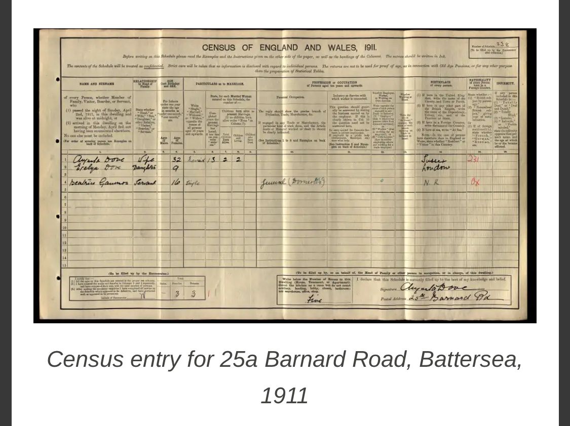 Evelyn's father ran his practice in Accra, while Augusta brought Evelyn and Frank up in Britain. In the 1911 Census, Evelyn and her mother are living at 25a Barnard Road: